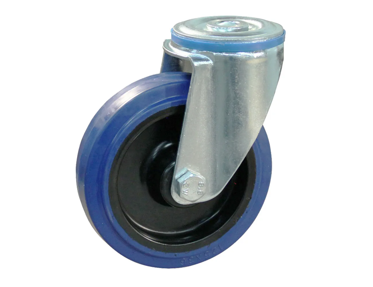 Rueda giratoria - Agujero central - goma azul – Rueda azul - carga máx. 200kg - horquilla de acero