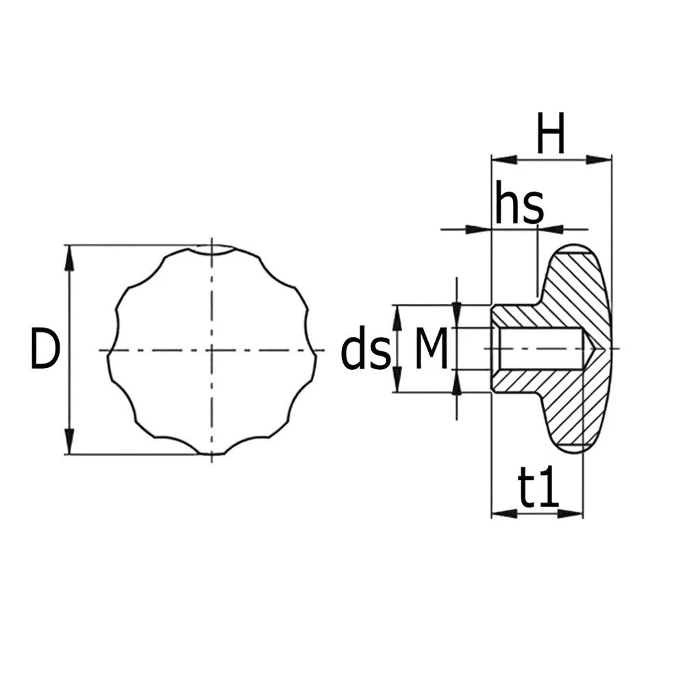 Plano de dimensiones Pomo estrella de acero inoxidable macizo con rosca hembra