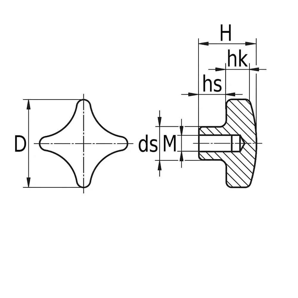 Dibujo técnico: Pomo cruz de acero inoxidable - DIN 6335 - rosca hembra
