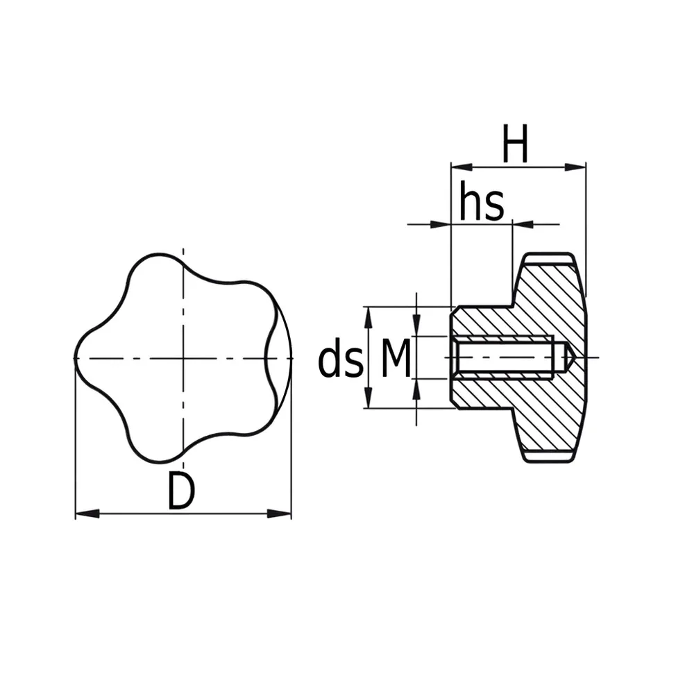 Dibujo técnico: Pomo estrella de aluminio con rosca hembra
