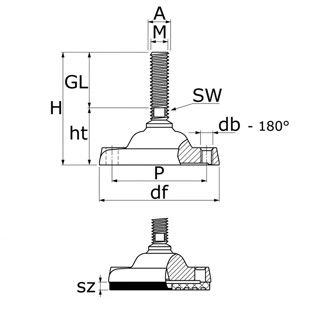 Dibujo técnico: Pie nivelador giratorio sin rótula - acero