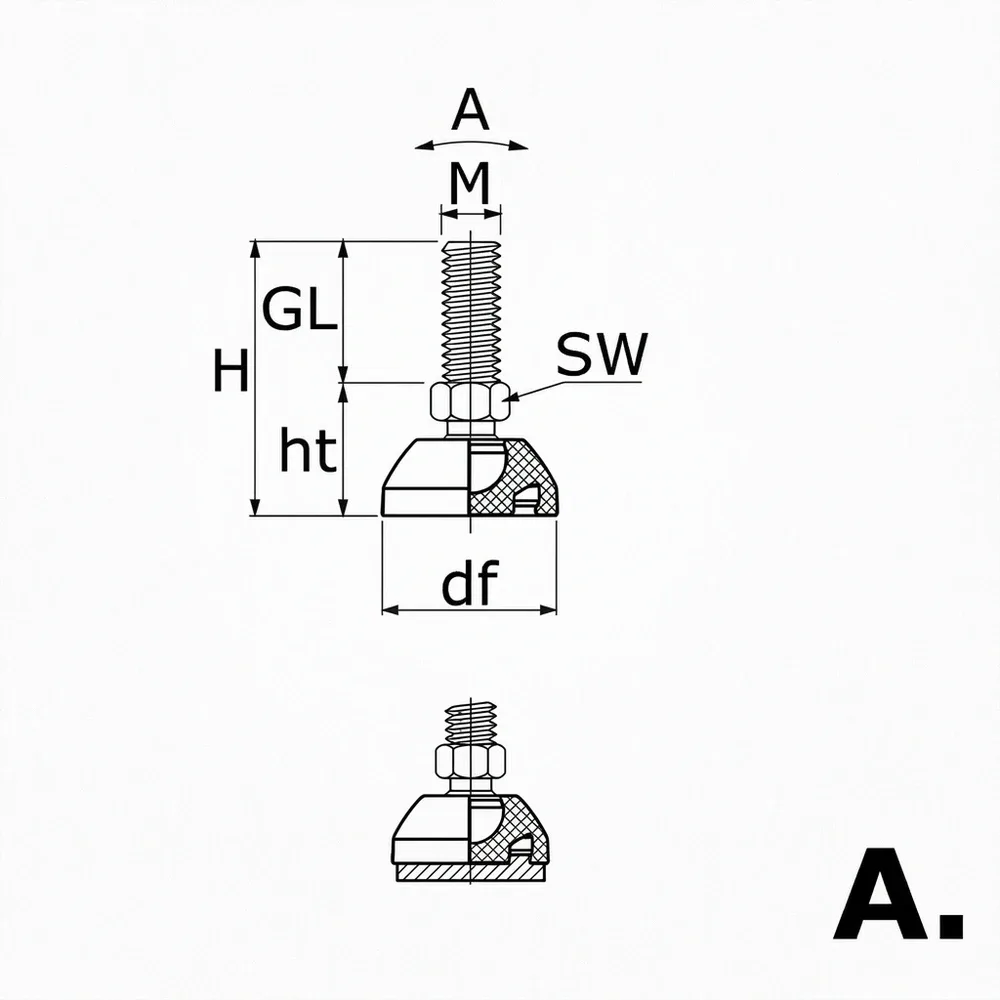 Dibujo técnico: Pie nivelador articulado – alta resistencia – acero inoxidable