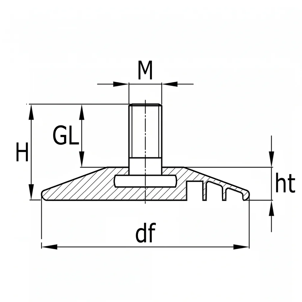 Dibujo técnico: Pie nivelador con base cónica fija Ø70mm