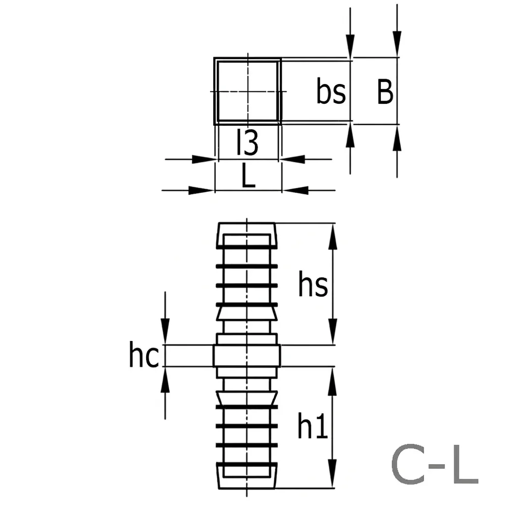 Plano acotado Conector cuadrado PA 25x25 - 2.0mm - dos piezas - 1D2 - Negro