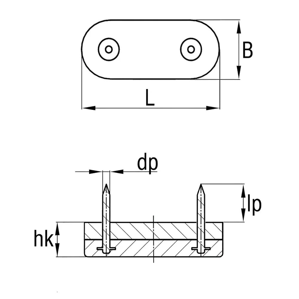 Plano acotado Deslizador ovalado con clavo PE-HD 45x20mm - con arandela de goma - Blanco