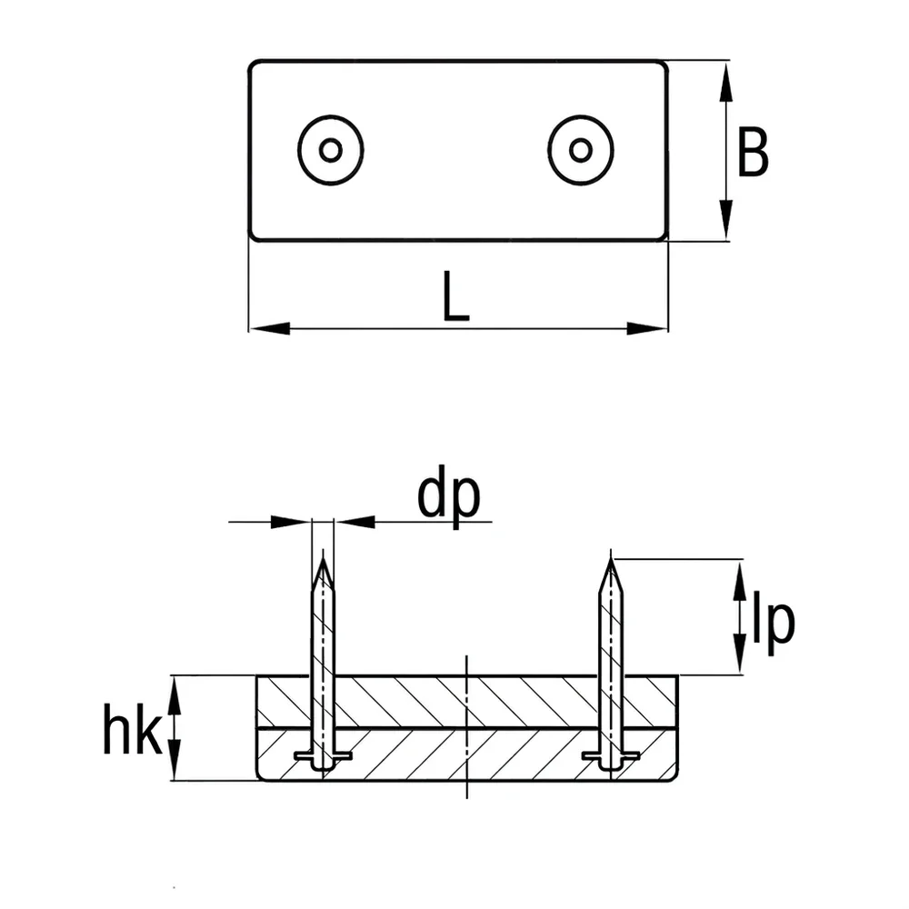 Plano de dimensiones Tope deslizante rectangular con clavo - antirruido