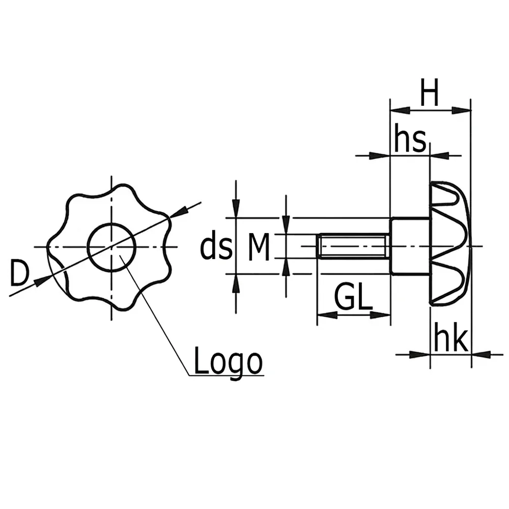 Dibujo técnico: Pomo estrella PP - DIN 6336 - rosca macho