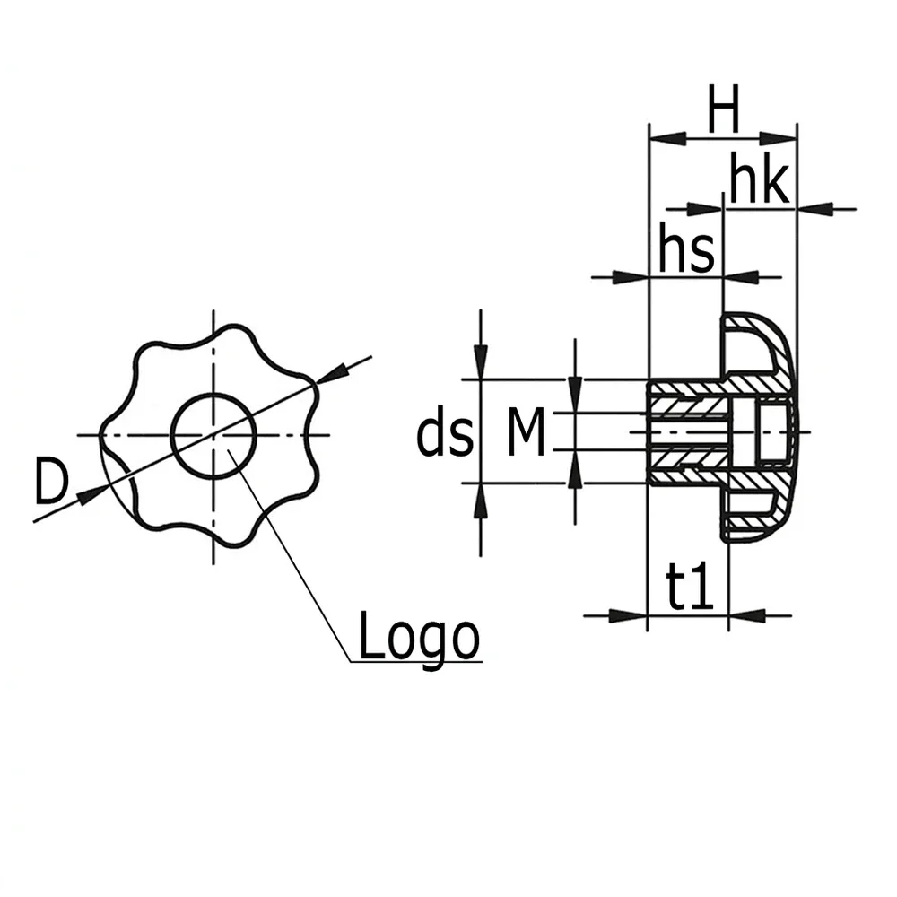 Plano de dimensiones Pomo estrella PP – DIN 6336 – rosca interior de acero inoxidable