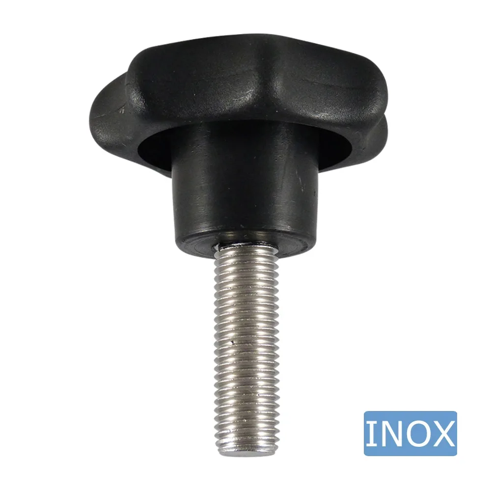 Pomo estrella PP Ø30 - espárrago roscado - M6x20mm - Acero inoxidable A4 (AISI 316) - Negro