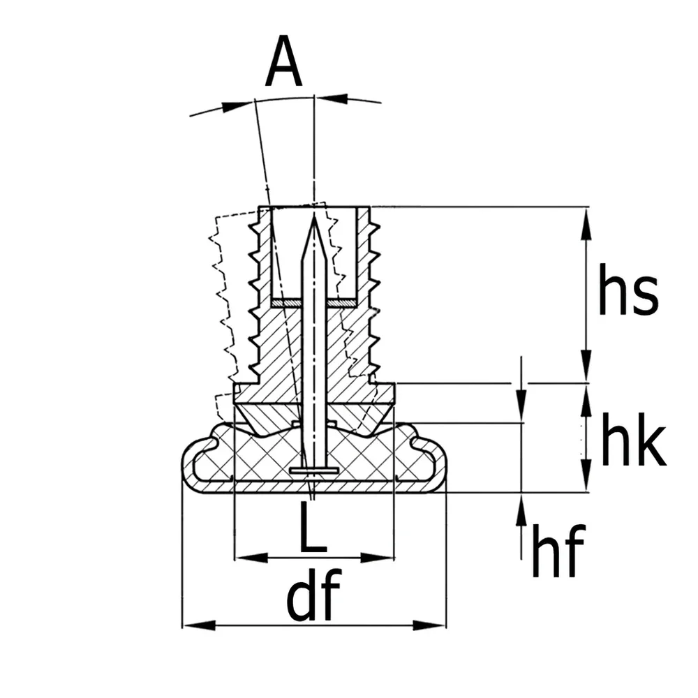 Plano de dimensiones Contera articulada con base de PA para tubos cuadrados