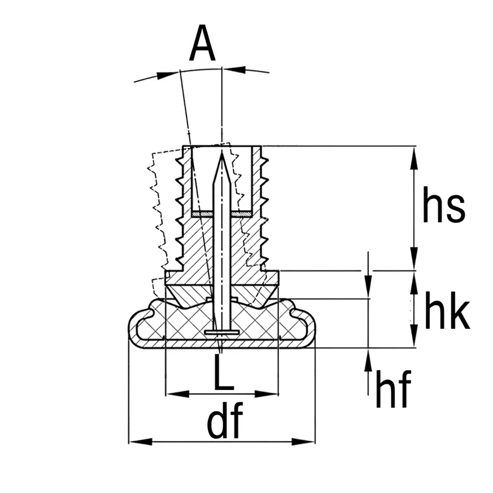 Dibujo técnico: Contera articulada con base deslizante de acero inoxidable para tubos cuadrados