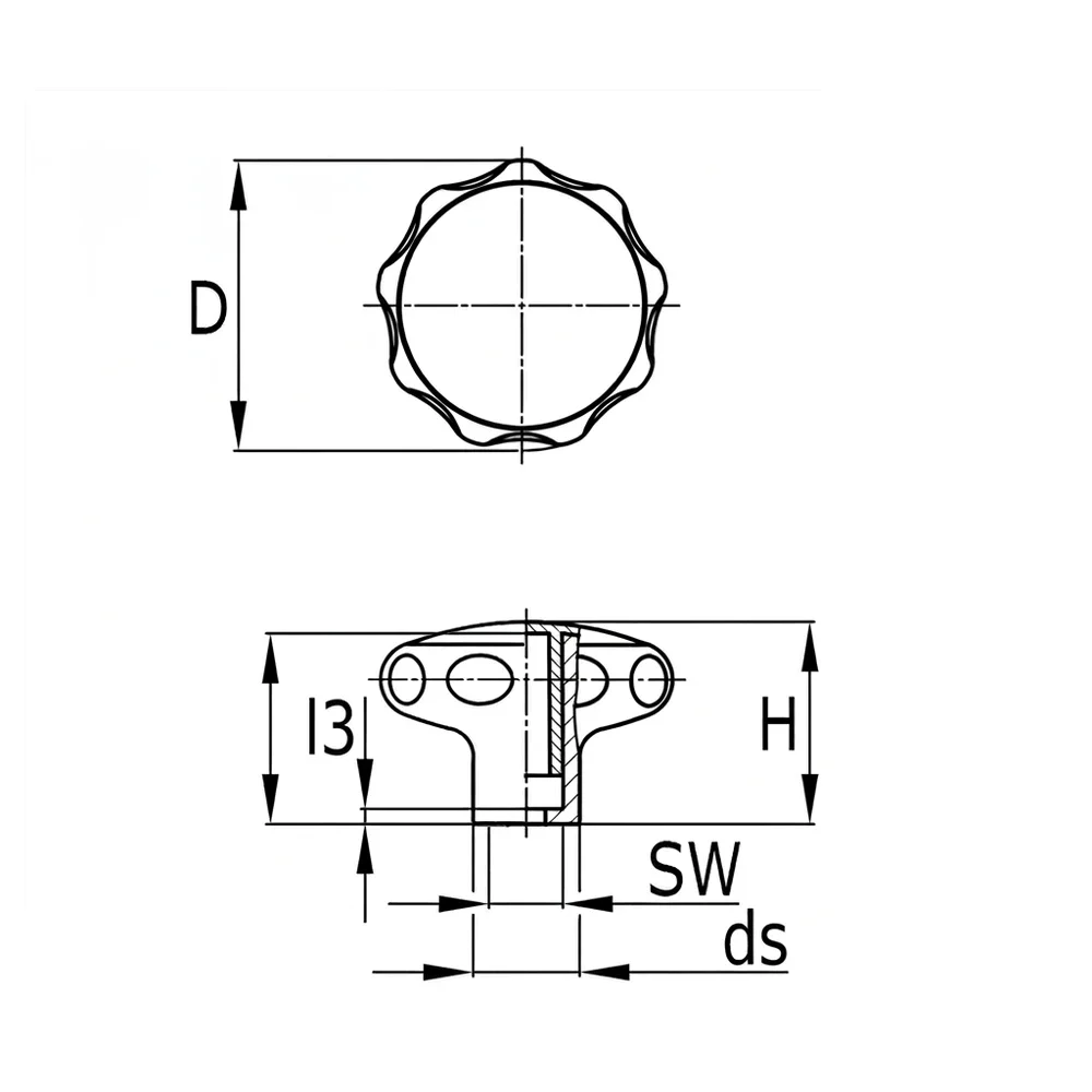 Plano acotado Pomo estrella Ø63mm - 2 piezas - Gris