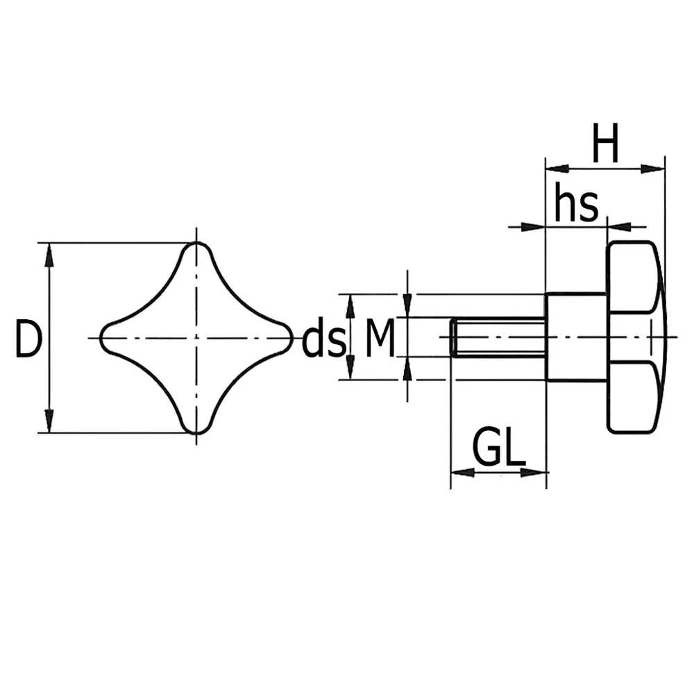 Dibujo técnico: Pomo cruz de baquelita – DIN 6335 – rosca macho