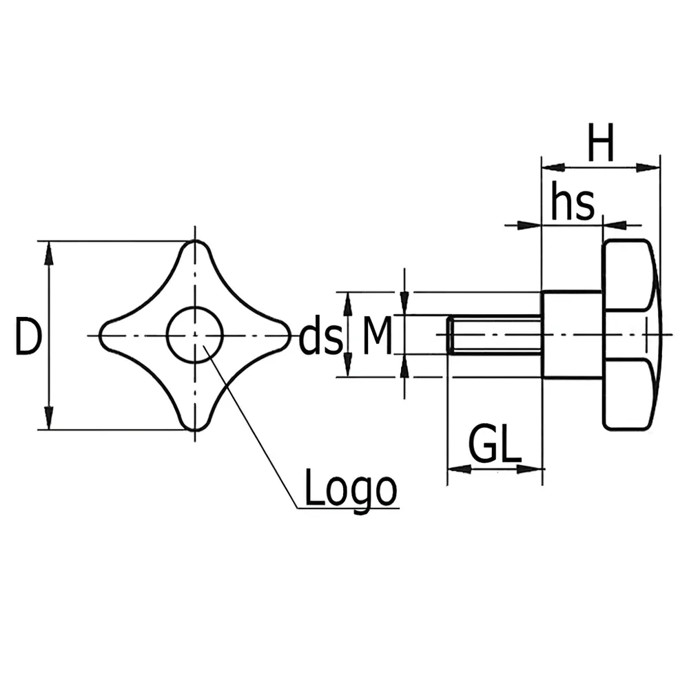 Dibujo técnico: Pomo de estrella PP – DIN 6335 – rosca macho