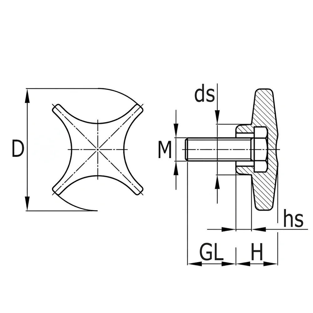 Plano de dimensiones Pomo en cruz PA - rosca macho