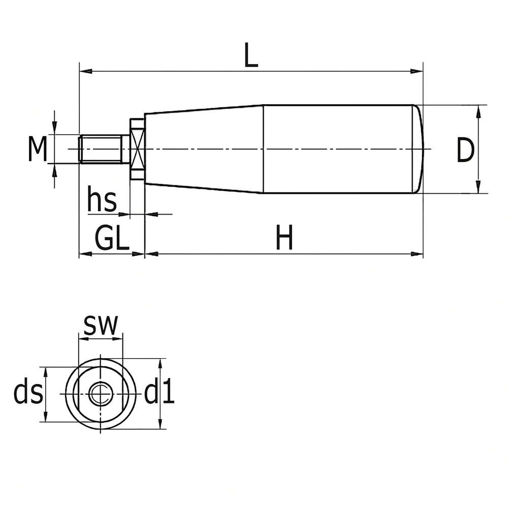 Plano de dimensiones Empuñadura cilíndrica – DIN 98 – baquelita – giratoria