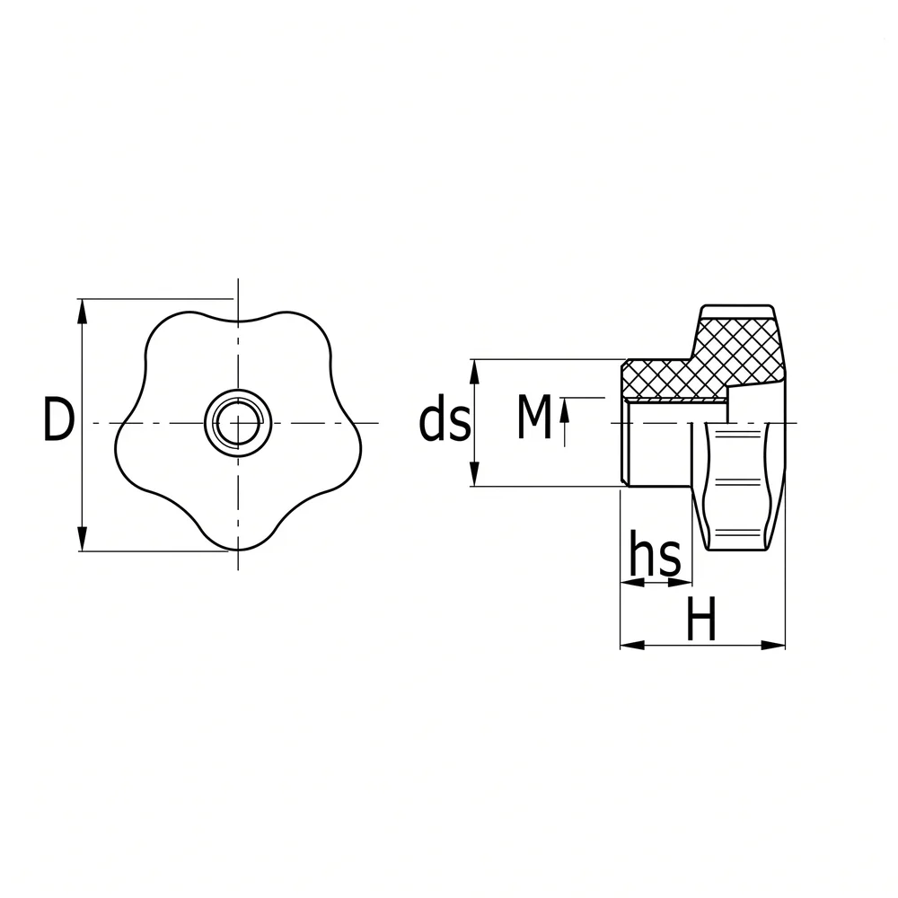 Plano acotado Pomo estrella Ø60mm - DIN 6336 - casquillo roscado M12 - pasante - Aluminio