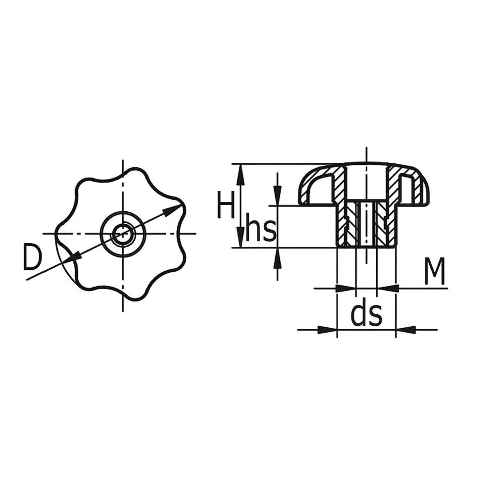 Dibujo técnico: Pomo estrella de baquelita - DIN 6336 - rosca hembra