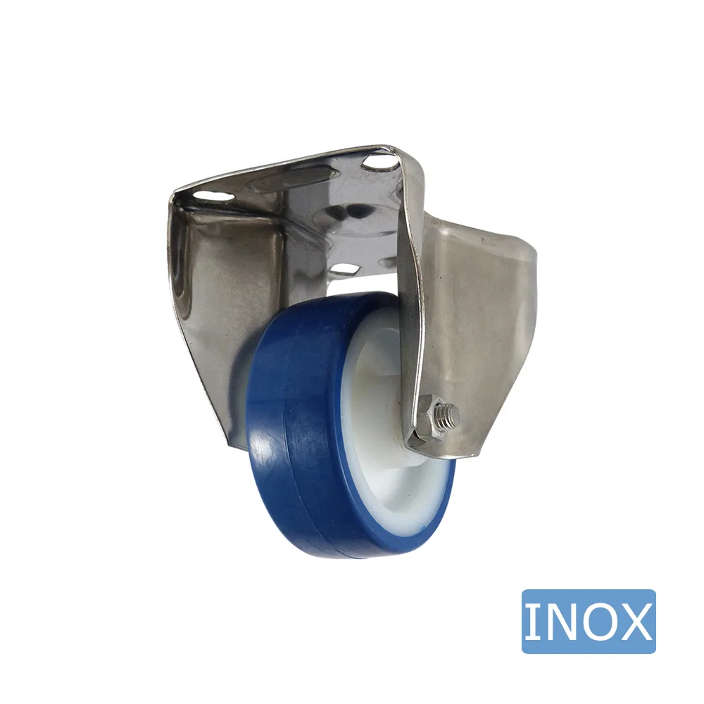 Rueda giratoria PA Ø100mm - banda de rodadura azul TPU - Cojinete de deslizamiento - Fijación de placa 95x80mm - Acero inoxidable A2 templado (304) imagen 3