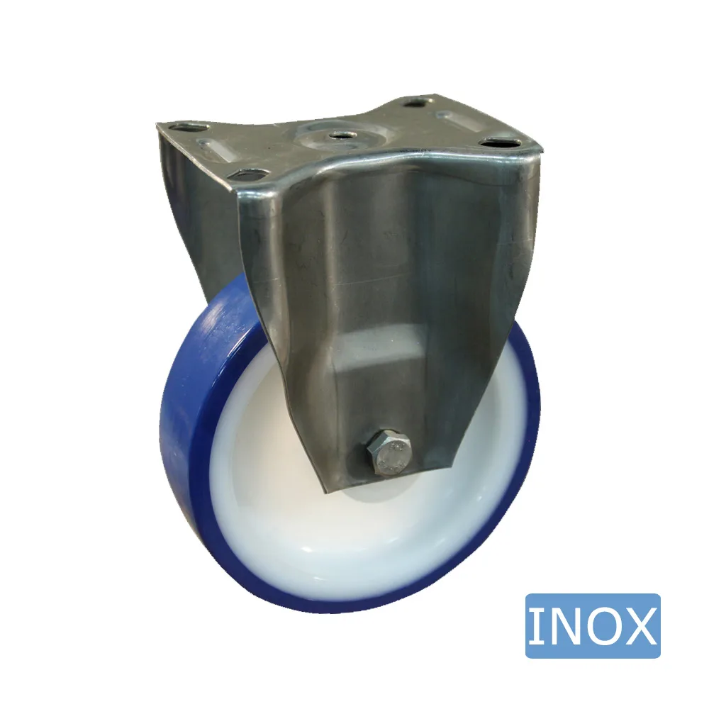 Rueda giratoria PA Ø100mm - banda de rodadura azul TPU - Cojinete de deslizamiento - Fijación de placa 95x80mm - Acero inoxidable A2 templado (304)