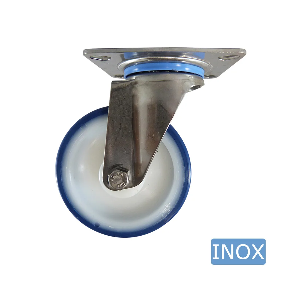 Rueda giratoria PA Ø100mm - banda de rodadura azul TPU - Cojinete de deslizamiento - Fijación de placa 95x80mm - Acero inoxidable A2 (AISI 304) imagen 2