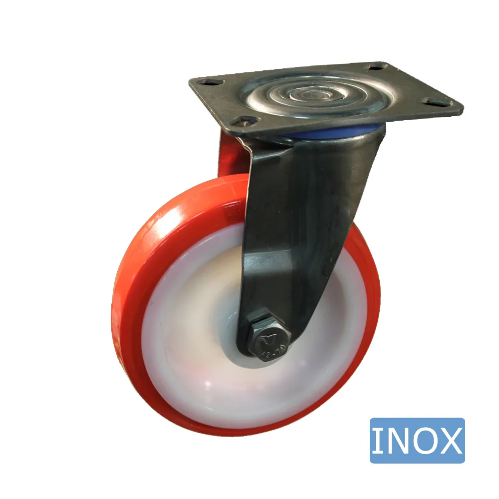Rueda giratoria PA Ø100mm - banda de rodadura azul TPU - Cojinete de deslizamiento - Fijación de placa 95x80mm - Acero inoxidable A2 (AISI 304) imagen 3