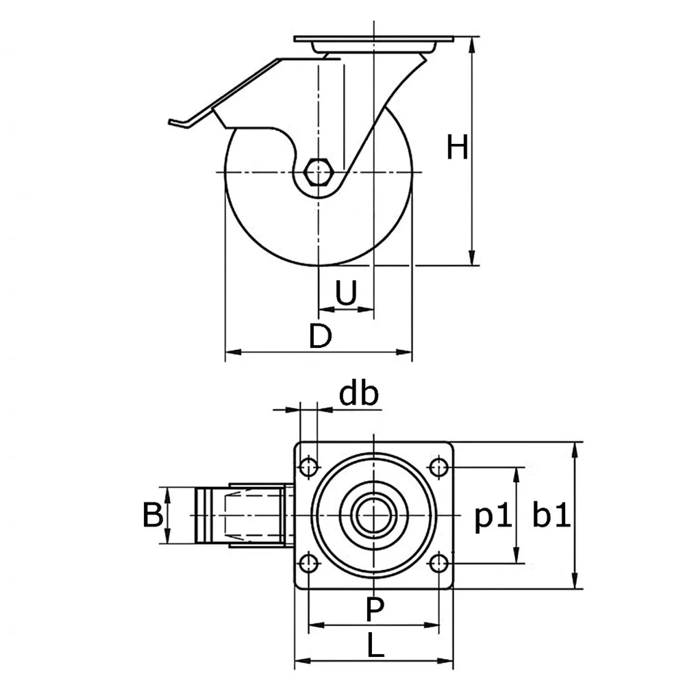 Plano acotado Rueda giratoria PA Ø100mm - banda de rodadura azul TPU - Cojinete de deslizamiento - Fijación de placa 95x80mm - Acero inoxidable A2 (AISI 304)