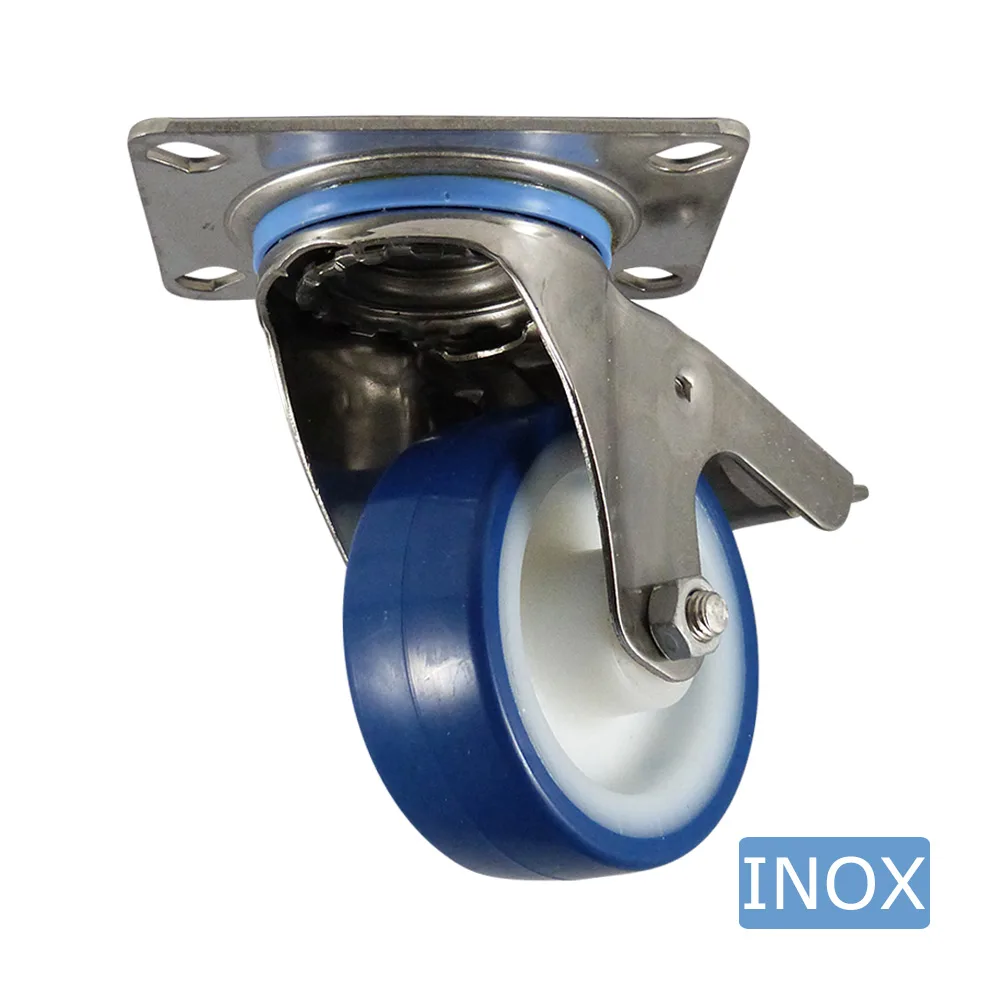 Rueda giratoria PA Ø100mm - banda de rodadura azul TPU - Cojinete de deslizamiento - Fijación de placa 95x80mm - Acero inoxidable A2 (AISI 304) imagen 3