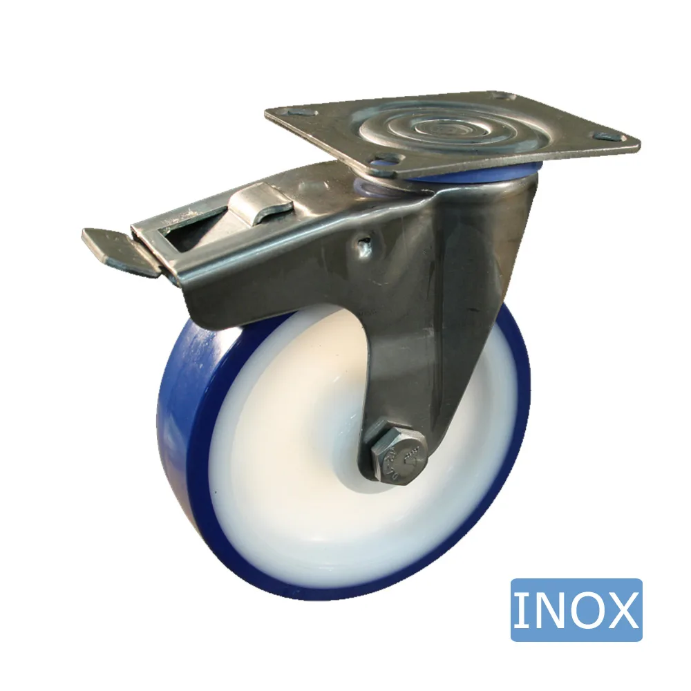 Rueda giratoria PA Ø100mm - banda de rodadura azul TPU - Cojinete de deslizamiento - Fijación de placa 95x80mm - Acero inoxidable A2 (AISI 304)