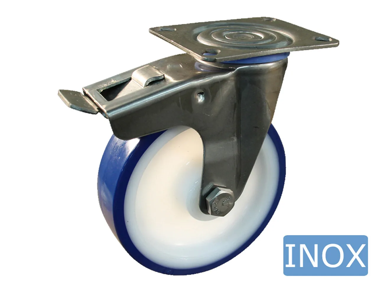 Rueda de TPU giratoria con freno con placa superior – Rueda TPU - 600kg - horquillas de acero inoxidable