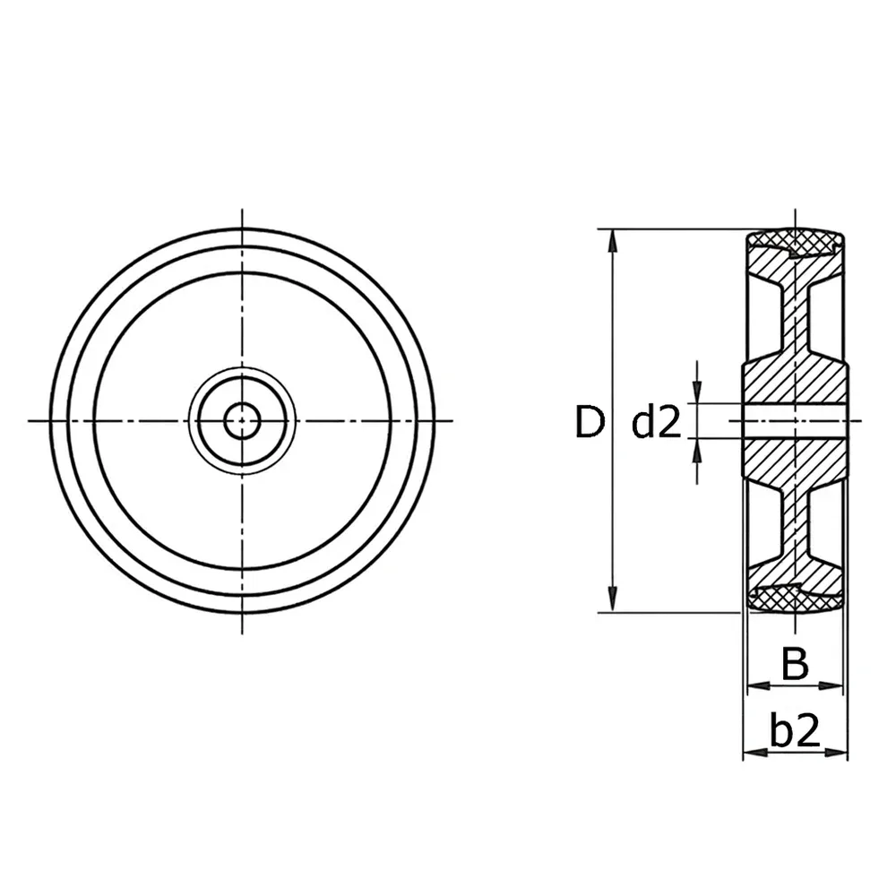 Dibujo técnico: Rueda industrial de goma azul