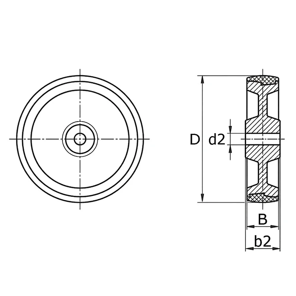 Plano acotado Rueda Ø100mm PA - banda de rodadura azul - caucho