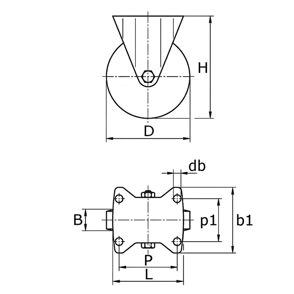Dibujo técnico: Rueda de goma maciza fija con platina - Llanta de acero