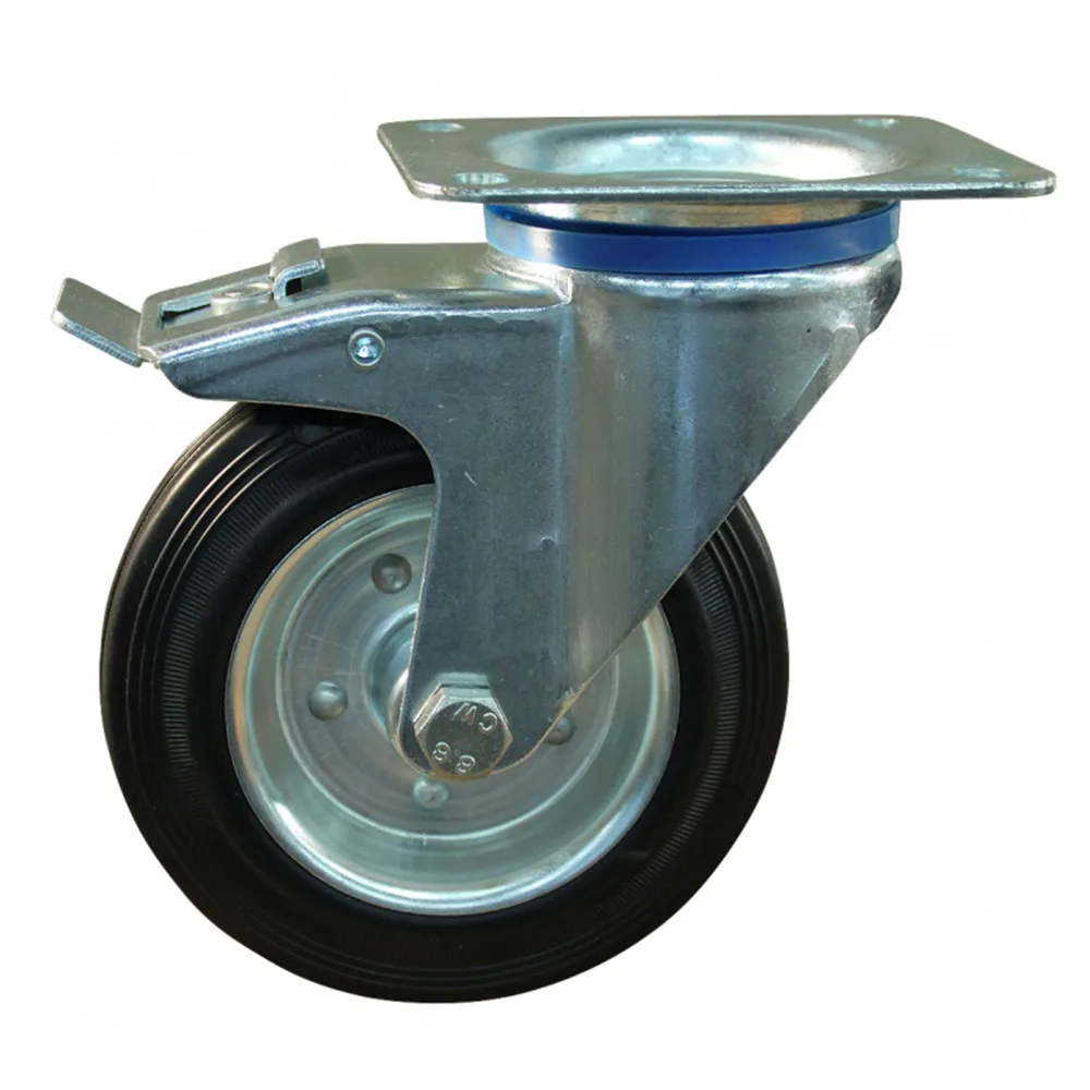 Rueda giratoria con freno TPE Ø125mm - banda de rodadura azul - Caucho / TPE - Rodamiento de rodillos - Fijación de placa 105x80mm - St - Acero imagen 3