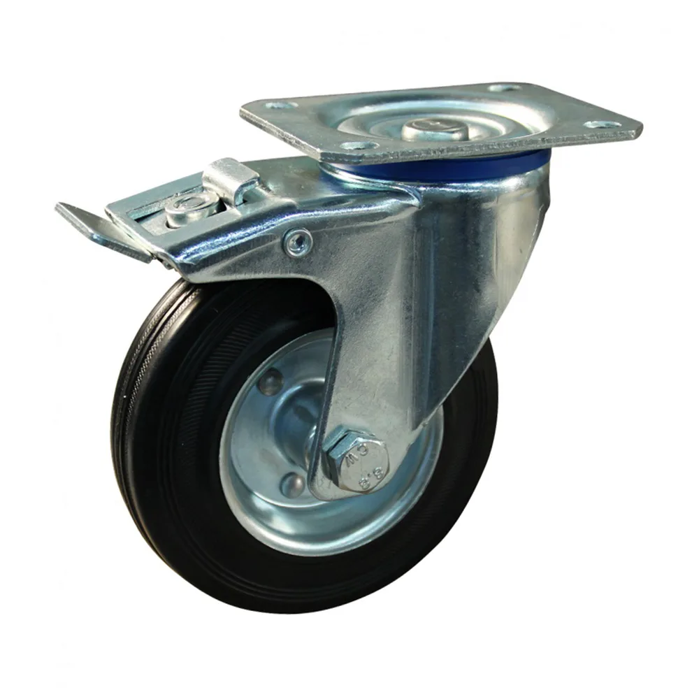 Rueda giratoria con freno TPE Ø125mm - banda de rodadura azul - Caucho / TPE - Rodamiento de rodillos - Fijación de placa 105x80mm - St - Acero