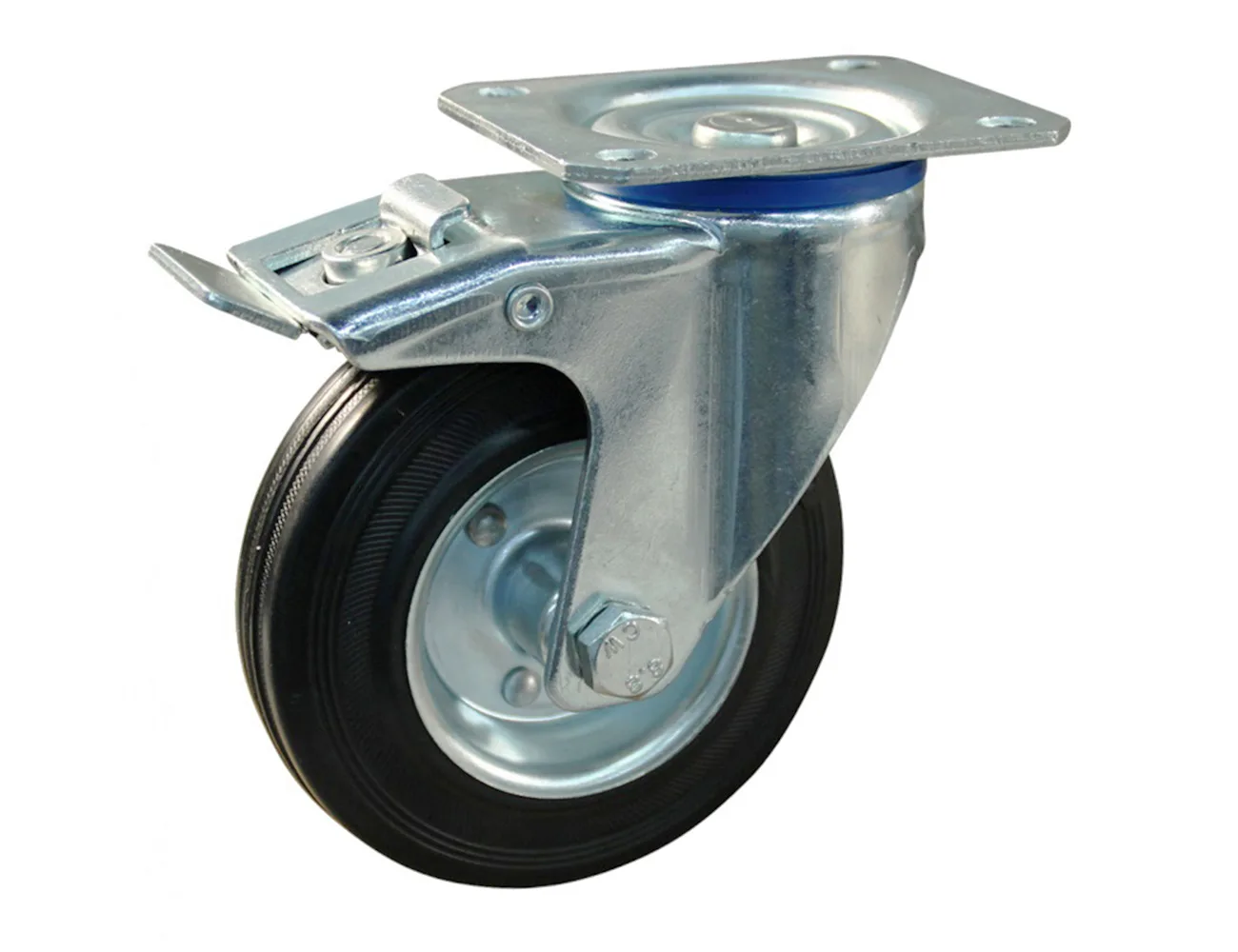 Rueda de goma maciza giratoria con freno con platina - Llanta de acero – Rueda de goma maciza - Llanta de acero - 400kg - horquillas de acero