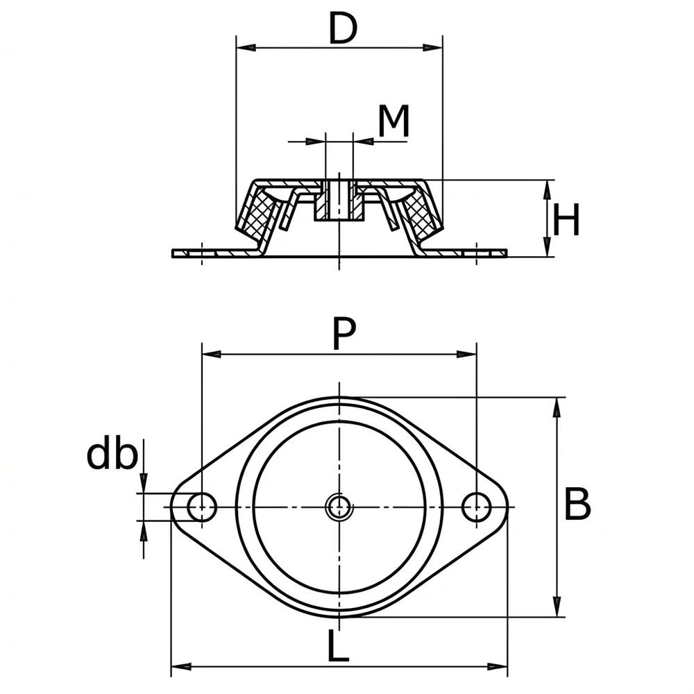 Plano acotado Pie de máquina con seguridad anti-ruptura Ø108mm - 60 shore A - placa de montaje ovalada 190x108mm - M16