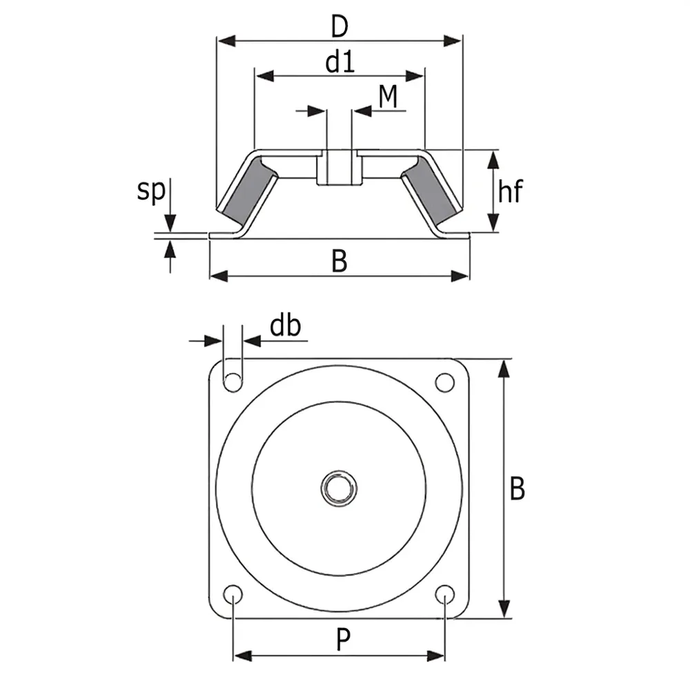 Dibujo técnico: Pie de máquina y soporte de motor cuadrado antivibratorio