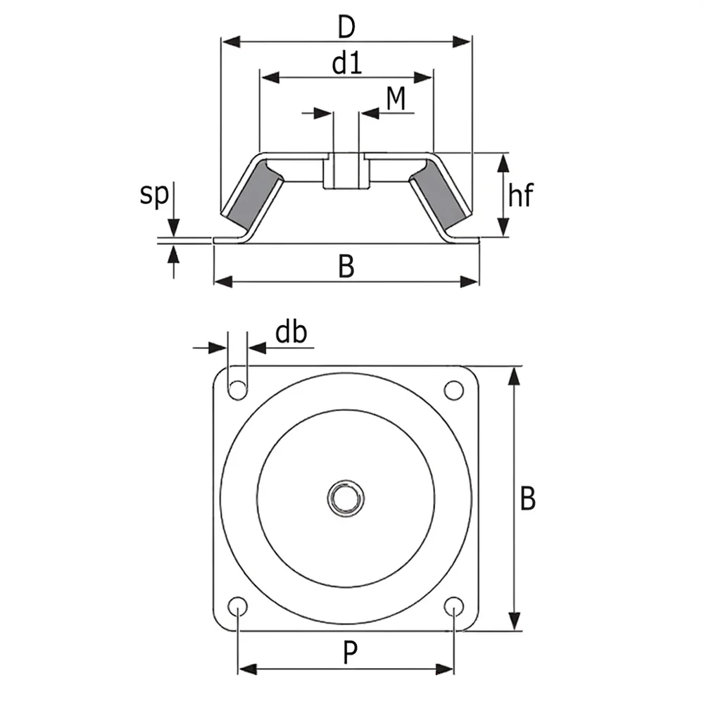 Plano acotado Pie de máquina sin seguridad antirrotura Ø192mm - 60 shore A - placa de montaje cuadrada 200x200mm - M20
