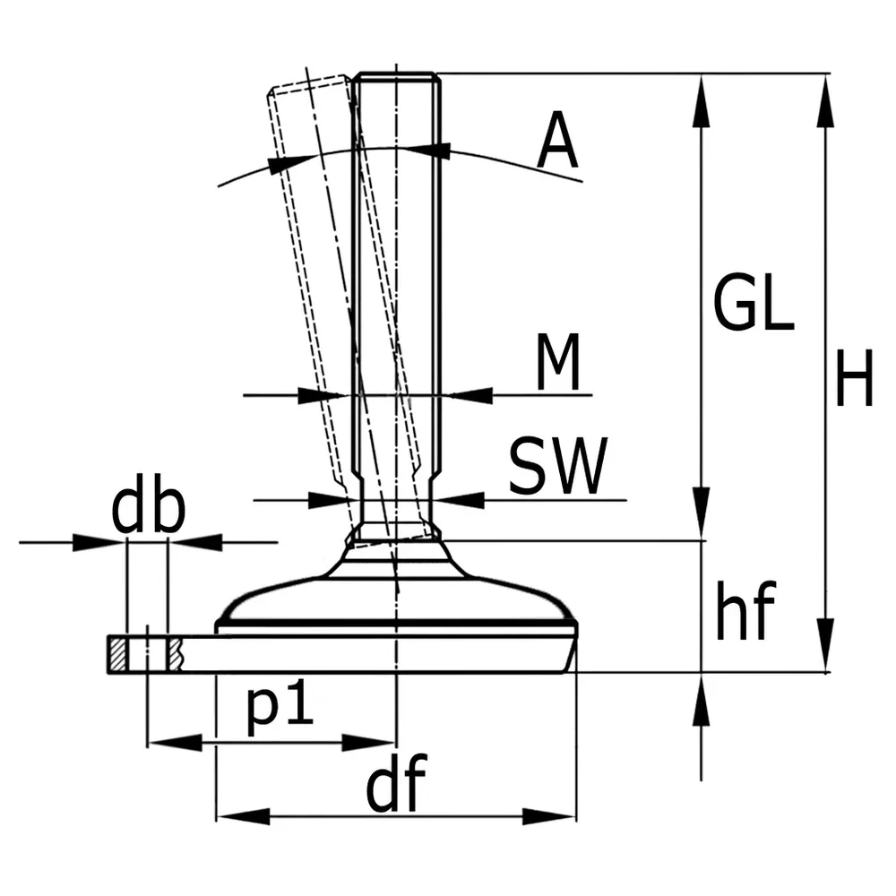 Dibujo técnico: Pie nivelador inox – Diseño higiénico – Con orejeta de fijación