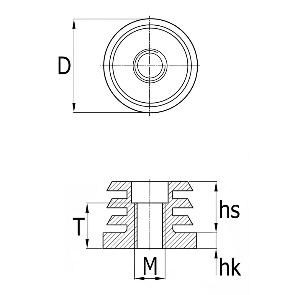 Plano de dimensiones Contera redonda con rosca de plástico