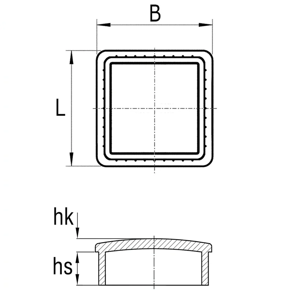 Plano acotado Contera cuadrada con aletas ABS - 20x20mm - 1.0mm -