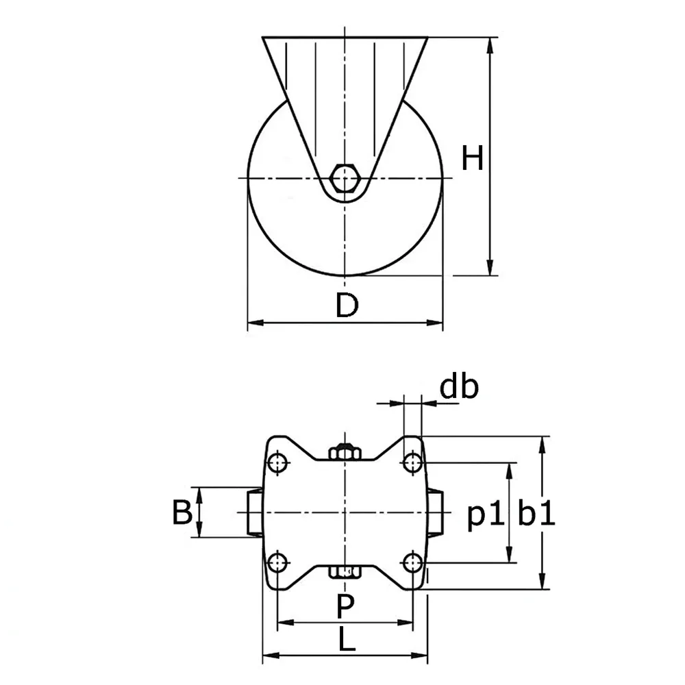 Dibujo técnico: Rueda carga pesada fija de goma - Llanta de aluminio
