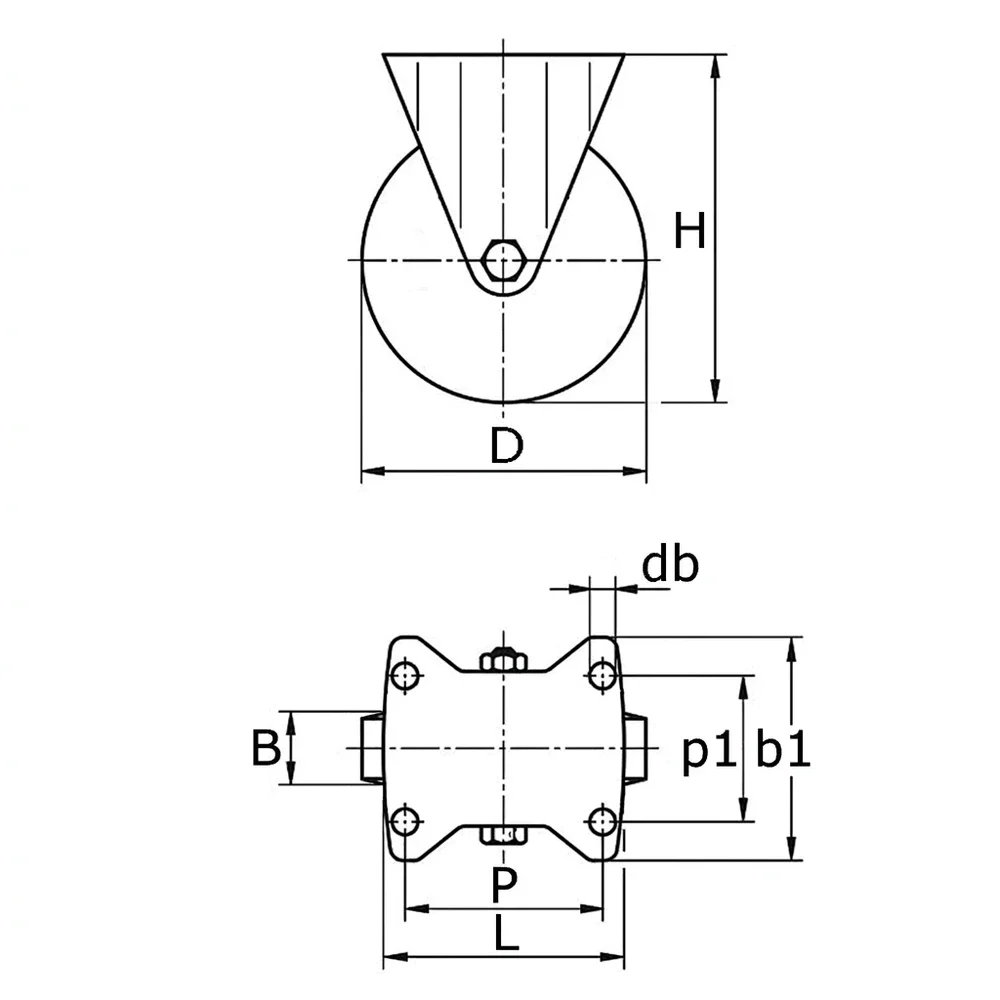 Plano acotado Rueda fija Ø100mm - banda de rodadura azul Caucho / TPE - Rodamiento de bolas - carga pesada - Fijación de placa 105x85mm - Acero