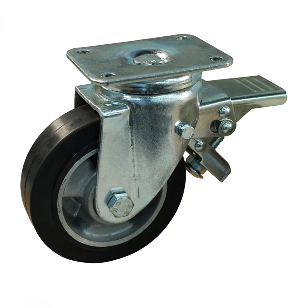 Rueda giratoria con freno TPE Ø200mm - banda de rodadura azul Caucho / TPE - Rodamiento de bolas - carga pesada - Fijación de placa 140x110mm - St - Acero