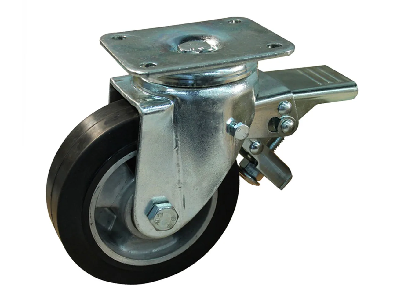 Rueda de carga pesada giratoria con freno de goma - Llanta de aluminio – Rueda resistente de goma con llanta de aluminio - 525kg - horquilla de acero