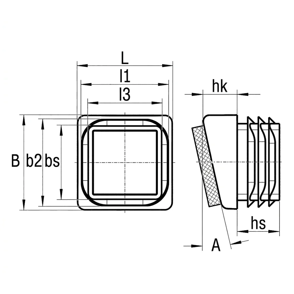 Plano acotado Contera cuadrada con lamas PE 25x25 - base inclinada 10° - Negro