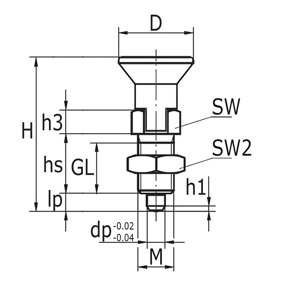 Plano de dimensiones Posicionador con collarín hexagonal – acero – con bloqueo