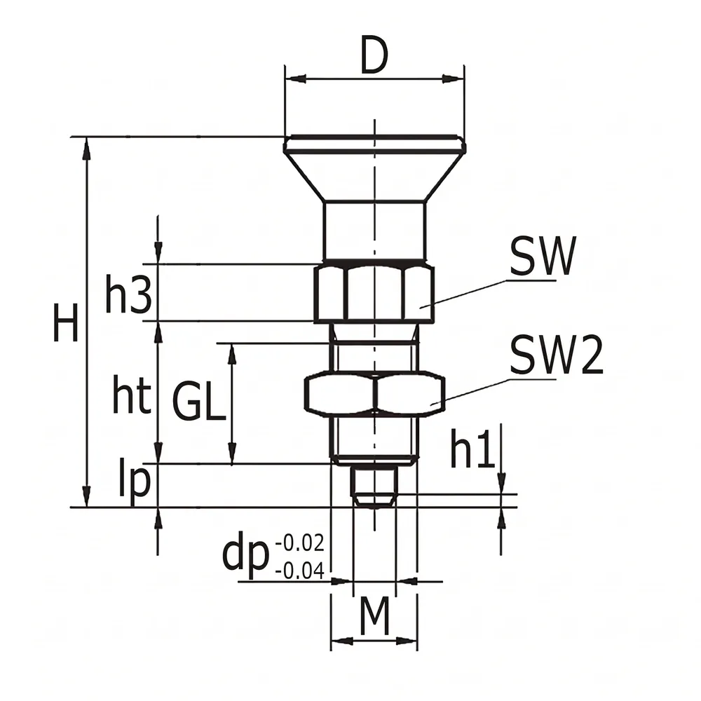 Dibujo técnico: Posicionador con cuello hexagonal - acero inoxidable