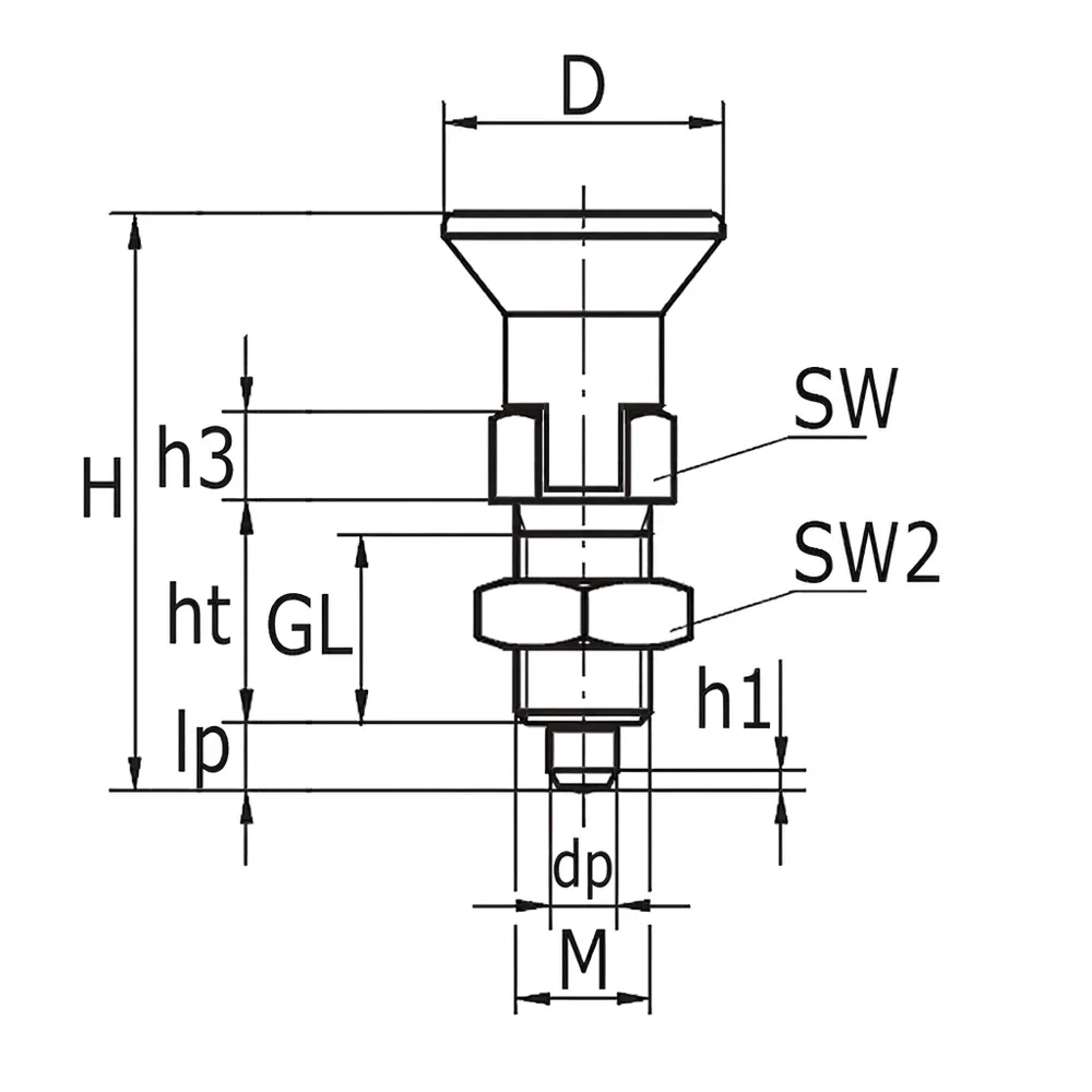 Plano de dimensiones Posicionador con collarín hexagonal – acero inoxidable – con bloqueo